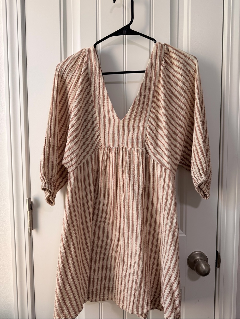 Striped V-Neck Mini Dress in Cream and Rust
